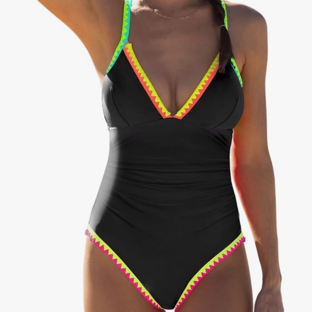 Black One-Piece Swimsuit with Neon Accents